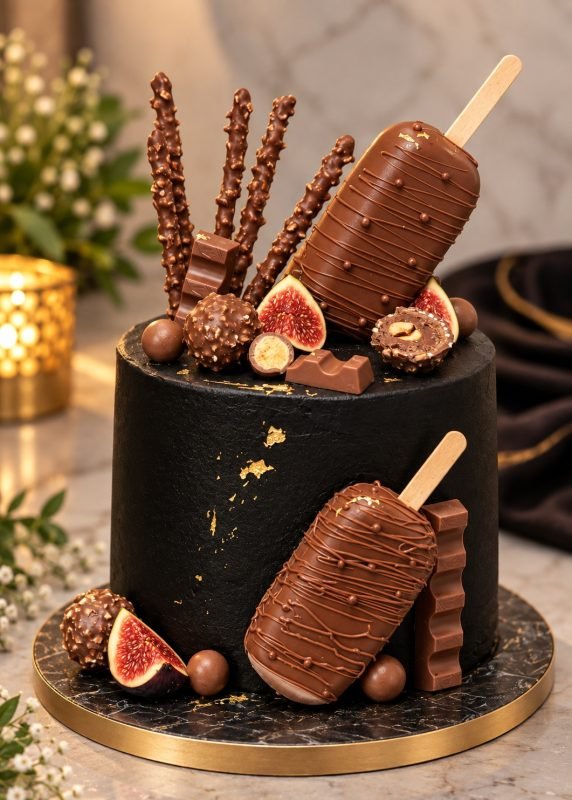 Stylised image of a matte black chocolate cake flecked with gold leaf, piled with chocolate dipped pretzel sticks, chocolate cakesicles, hazelnut chocolates, chocolate bar pieces, malt balls and halved fresh figs, on a black marble board with a gold rim.