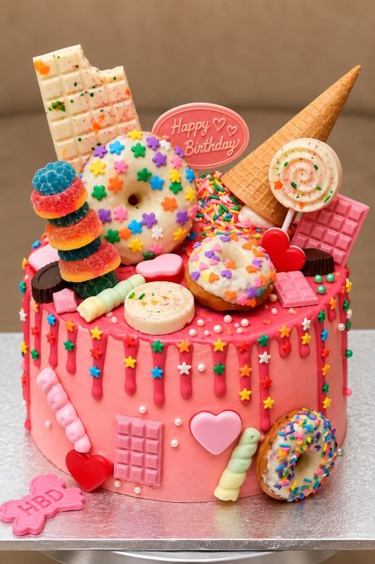 Stylised image of a pink drip cake loaded with sprinkled doughnuts, a stack of gummy rings, chocolate bars, a lollipop, an ice cream cone, marshmallow twists, star sprinkles and a small greeting plaque, on a silver board.