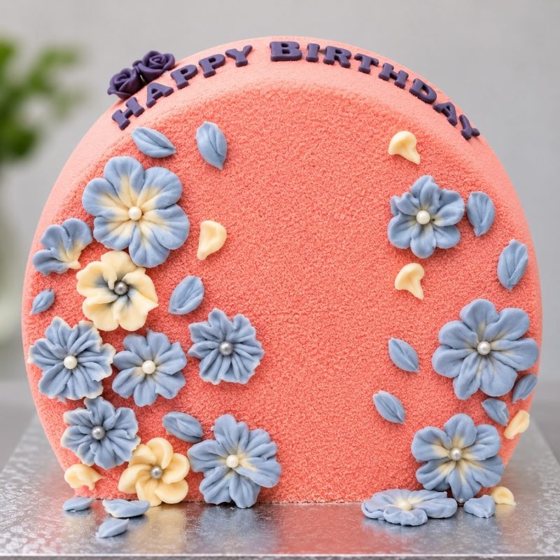 Stylised image of a coral pink disc shaped cake standing on edge, covered in piped blue grey and cream blossoms with pearl centres, with small purple roses and a piped greeting along the top edge, on a silver board.