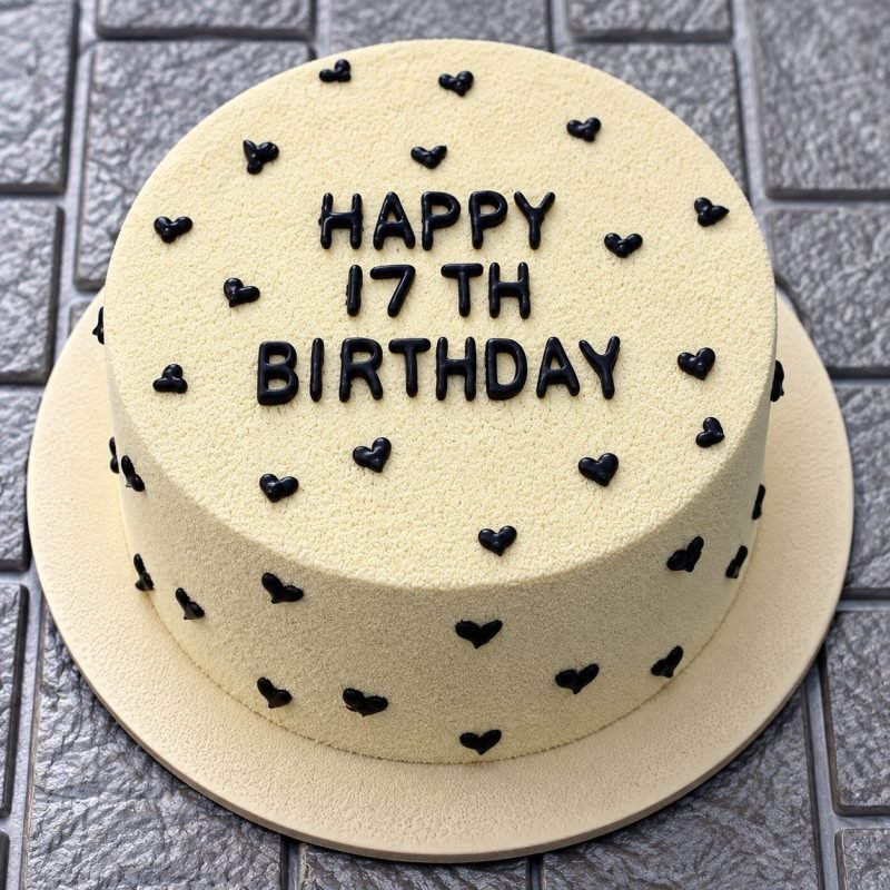 Stylised image of a pale cream velvet cake dotted with small black piped hearts and topped with a black piped birthday greeting, on a round cream board over grey tiling.
