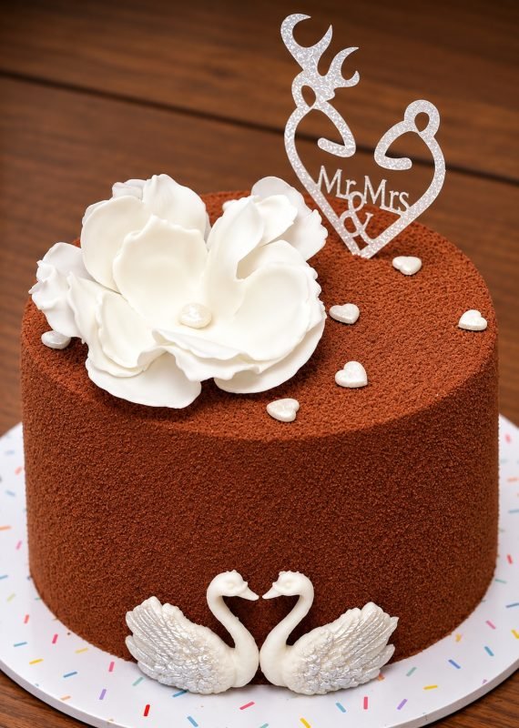 Stylised image of a cocoa brown velvet cake with a large white sugar peony, small white pearl hearts, a glittered silver heart topper and two white swan figurines at the base, on a confetti patterned board.