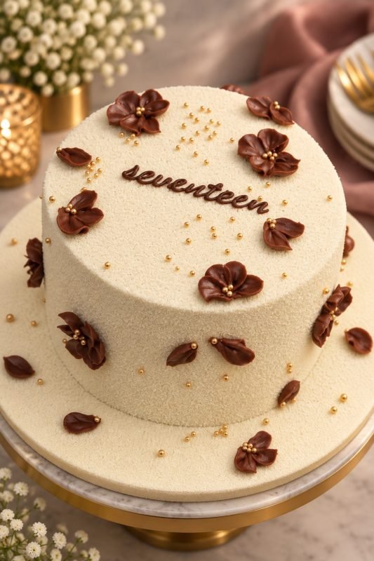 Stylised image of an ivory velvet cake piped with dark chocolate flowers and petals and scattered with gold pearls, on a marble stand with a gold base, with white gypsophila and a gold candle behind.